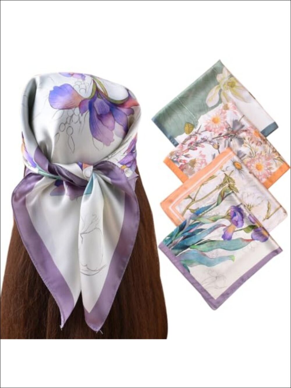 4PCS Silk Satin Square Head Scarf 27.5in Floral Neck Scarves